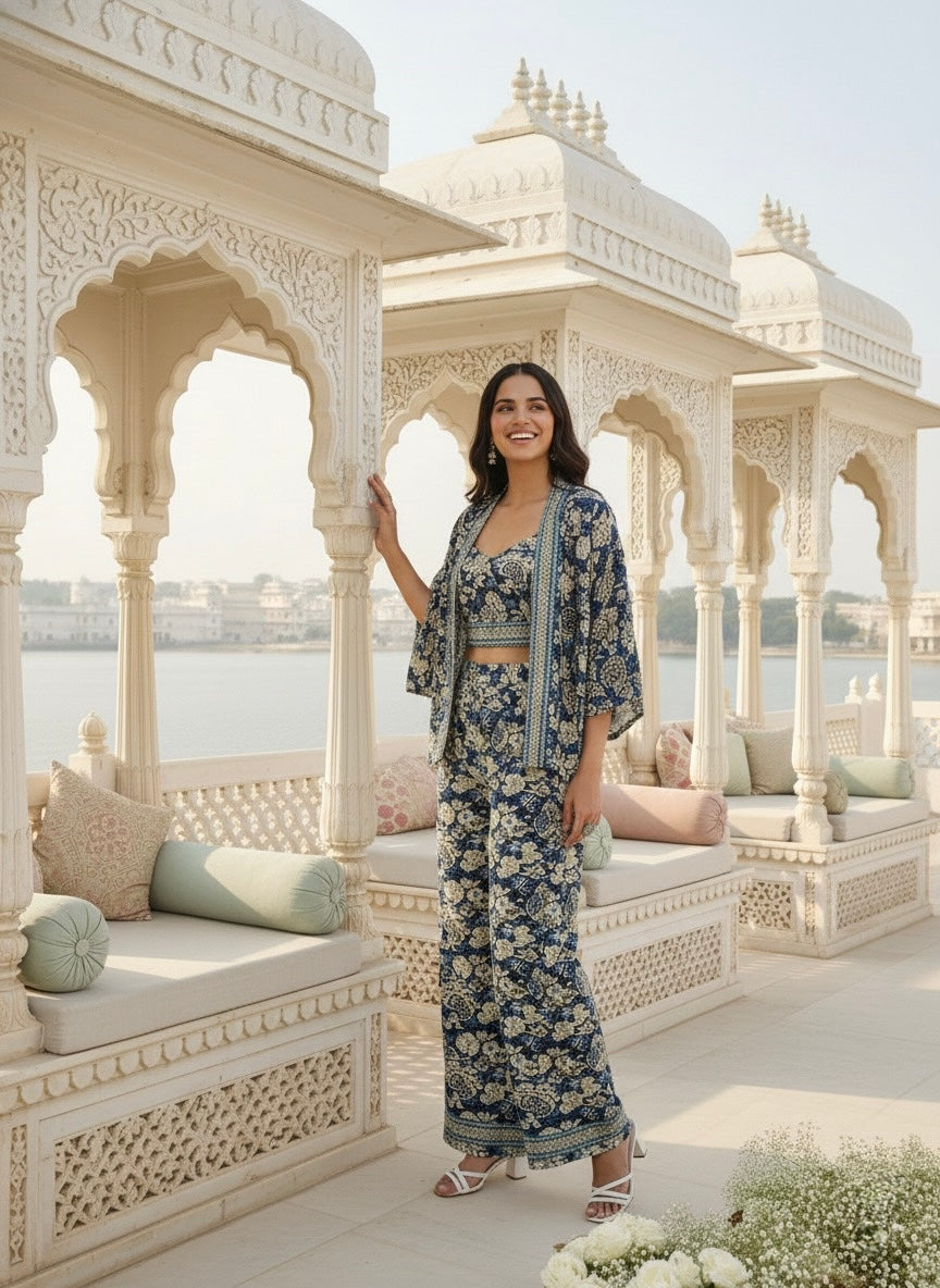 Boho Printed Bell Sleeves Kimono Coordinate Set - Blue Mirage