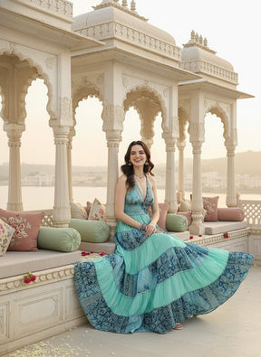 Halter Neck Multi Panel Embroidery Hand Work Boho printed Maxi Dress in Turquoise Trails