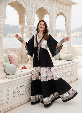 Criss Cross Boho Printed Embroidered Hand Work Butterfly sleeves maxi dress in Dusky Fleur