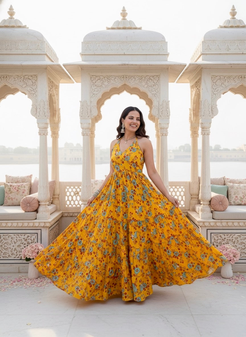 Sun Flower Halter Neck Cotton Long Dress