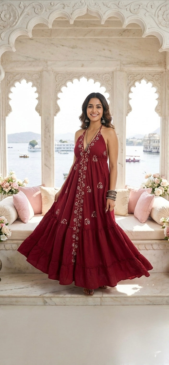 SmisingBee Tie Back Embroidered Maxi Dress