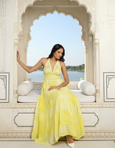 Halter Neck Multi Panel Embroidery Hand Work Boho printed Maxi Dress in Lemon Glow