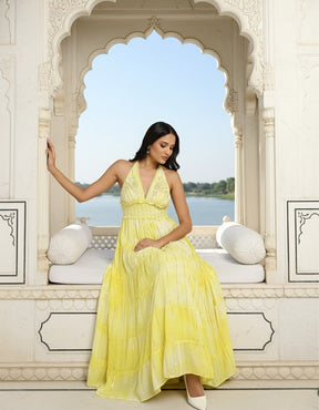 Halter Neck Multi Panel Embroidery Hand Work Boho printed Maxi Dress in Lemon Glow