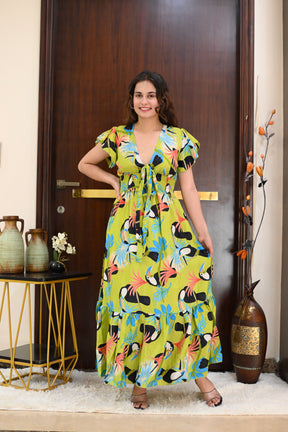 Tied-up Wanderlust Maxi Dress - Bird- Parrot Paradise