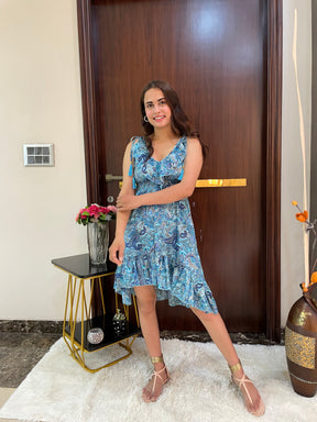 Frilled Flair Boho Printed Short Dress- Blue