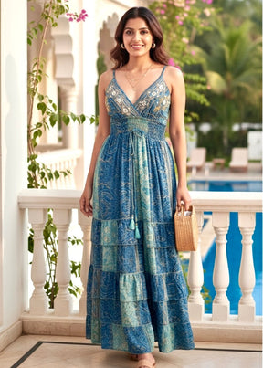 🔥Trending - Two-Shade Azure Boho Maxi Dress