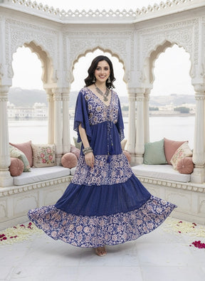 Boho Printed Embroidery Hand Work Butterfly sleeves maxi dress in Boheme Royale