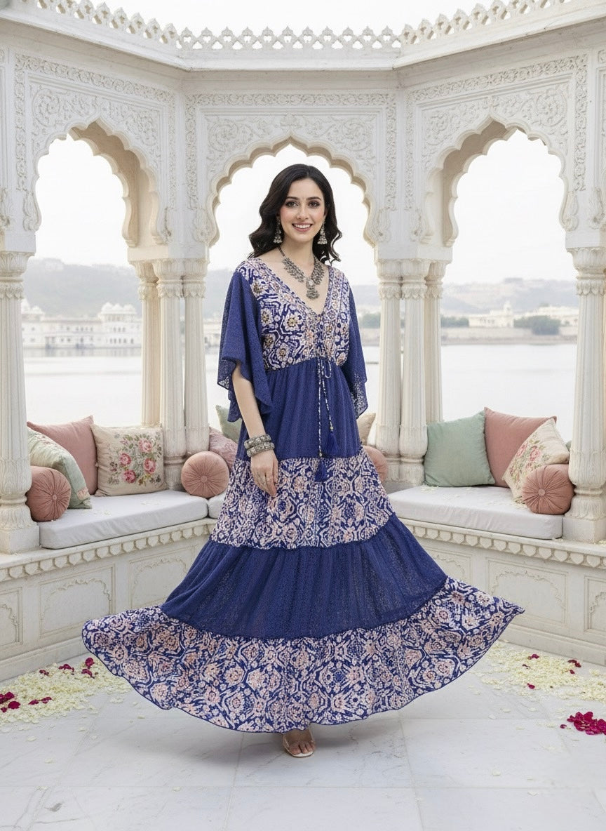 Boho Printed Embroidery Hand Work Butterfly sleeves maxi dress in Boheme Royale