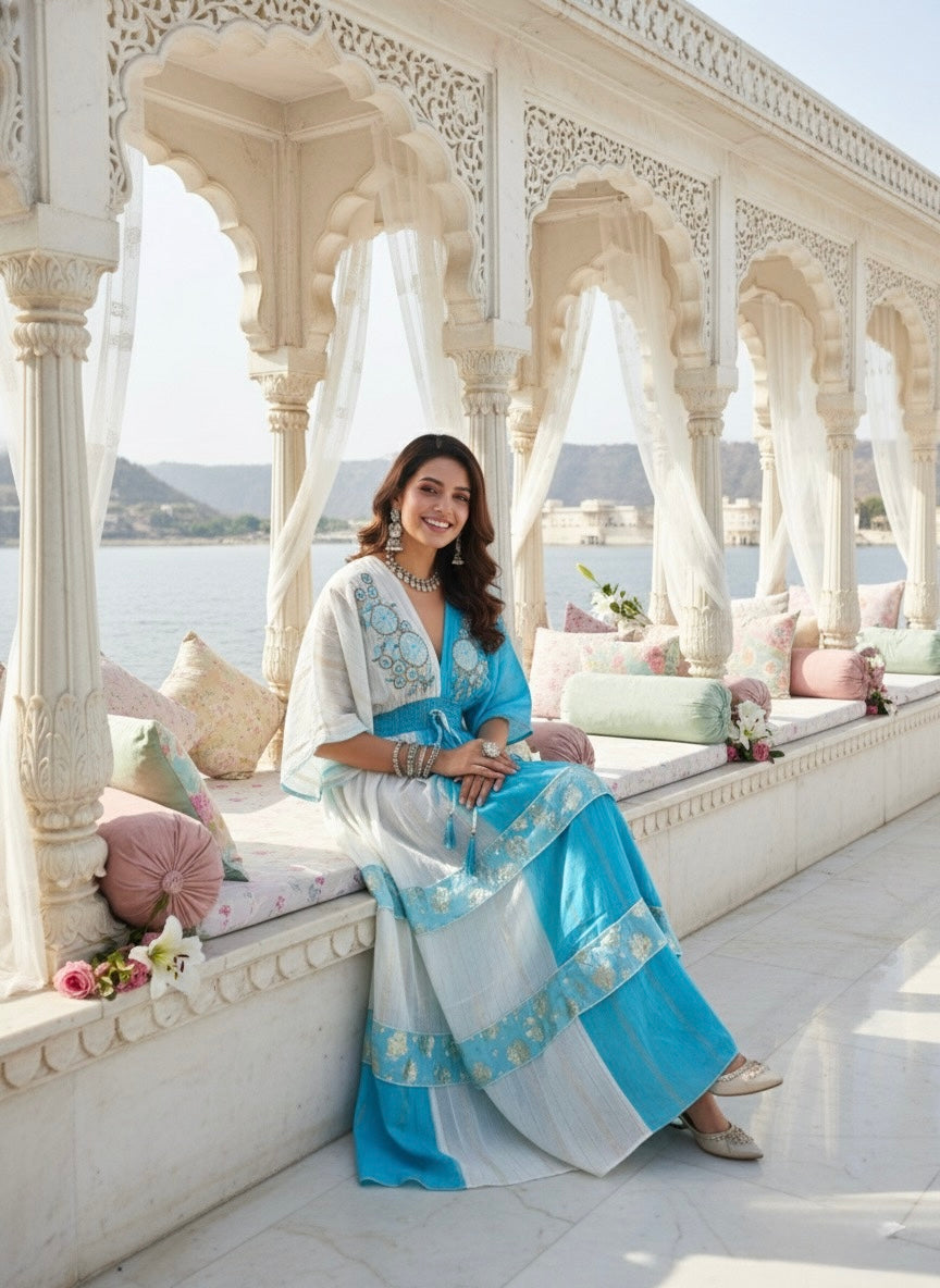 Two Shade Hand Embroidered Kaftan Maxi Dress - Blue