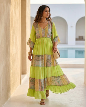 Embroidery Hand Work Bell Sleeves Front Boho Printed Maxi Dress -  Lime Blossom