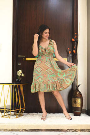 Frilled Flair Boho Printed Short Dress- Leafy Luxe SmisingBee