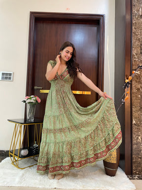 Classic Charm Boho Printed Maxi Dress - Emerald Essence
