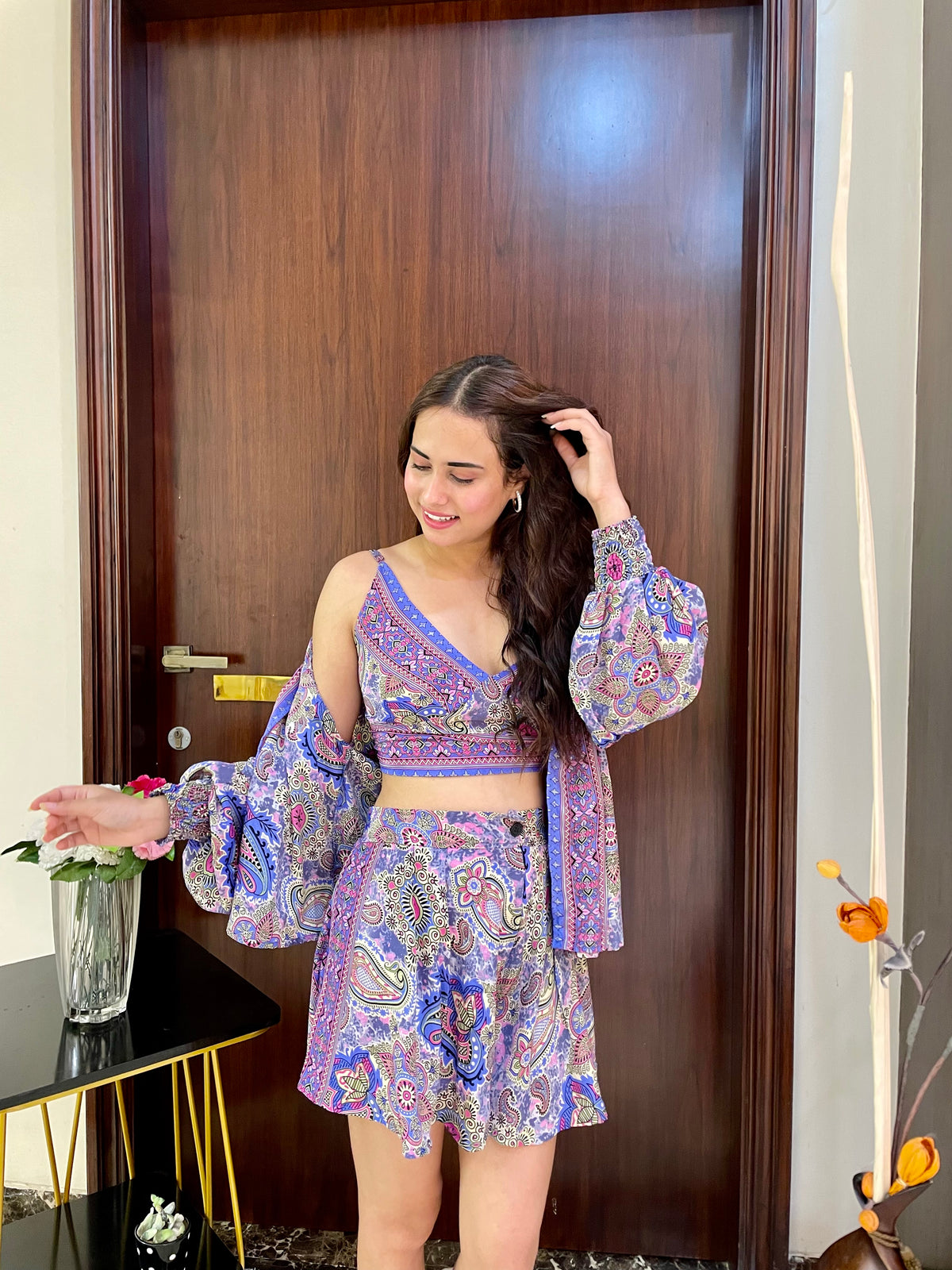 Puff Sleeves Kimono and Shorts Coordinate Set (3 Piece)- Purple Haze