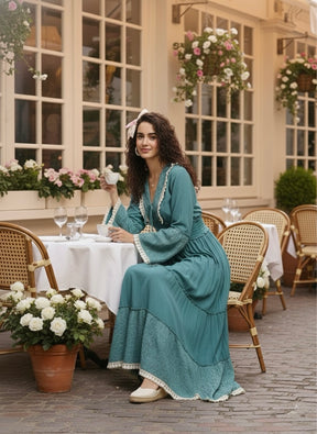 Schiffli Work Bell Sleeves Maxi Dress - Ocean Serenade