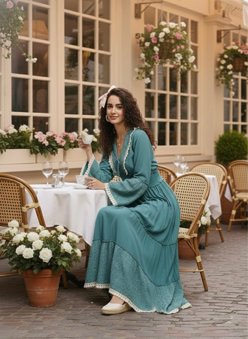 Schiffli Work Bell Sleeves Maxi Dress - Ocean Serenade