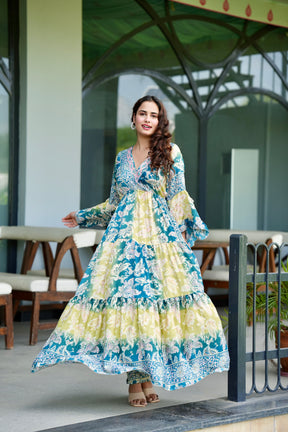 Ruffle Sleeves Boho Maxi Dress- Aqua Meadow SmisingBee
