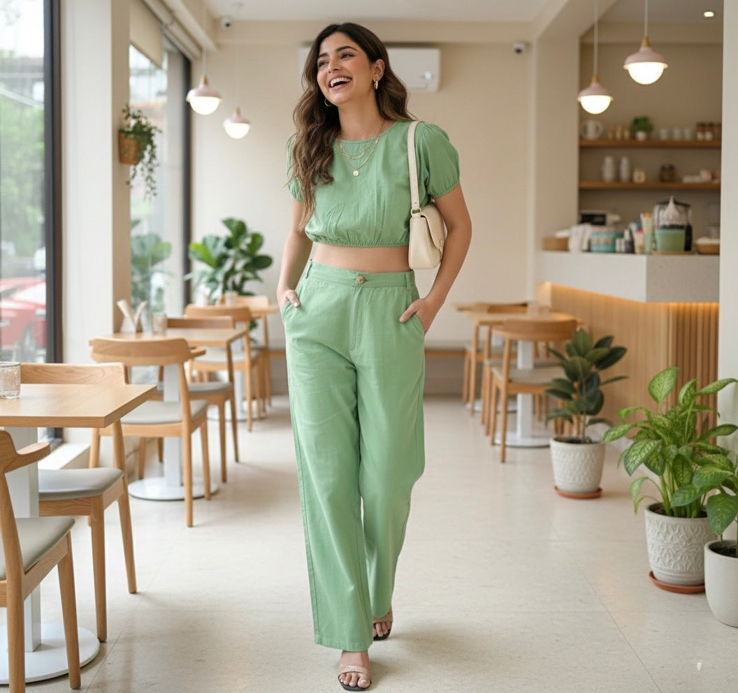 ⬆️Rising- Keyhole Back Crop Top and  Pant Set in Pista