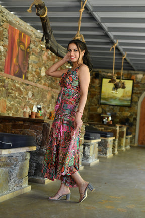 Multi Frill Side Slit Boho Printed Midi Dress - Multicolor