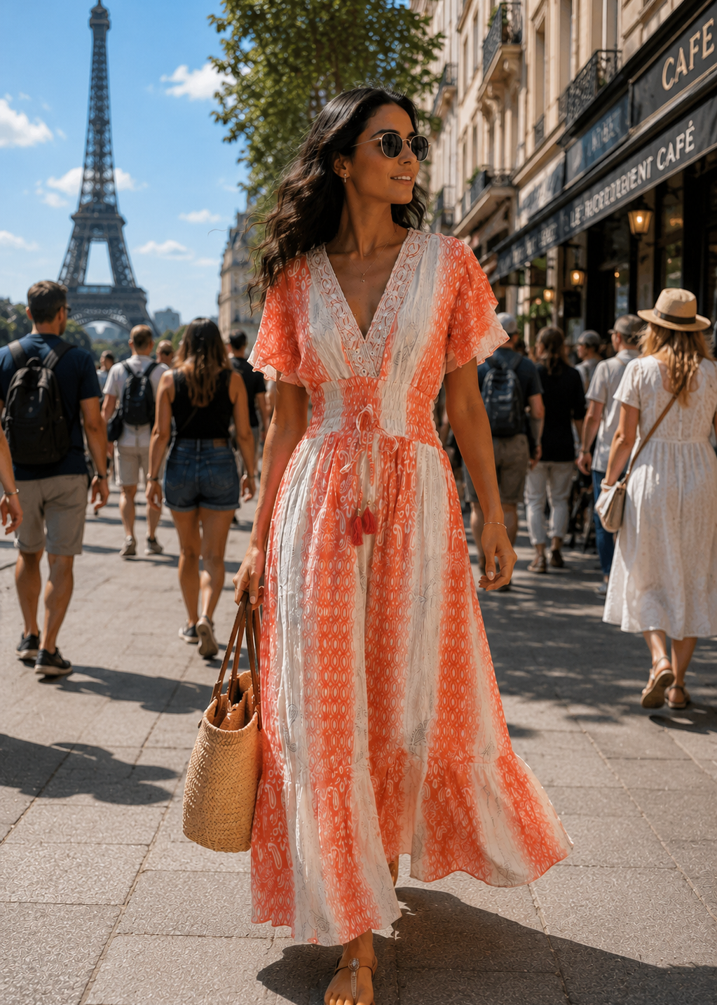 Embroidery Featured Rayon Lurex Boho Printed Maxi Dress in Orange Sunset Sangria
