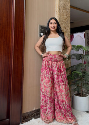 Ruched Belt Boho Printed Trouser - Pink Blush