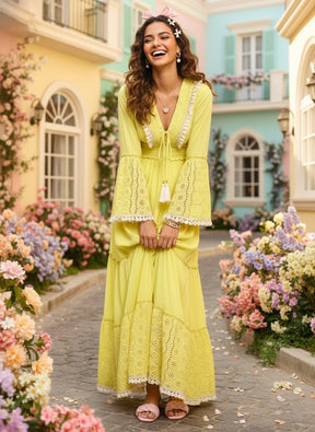 Schiffli Work Bell Sleeves Maxi Dress - Marigold Flare