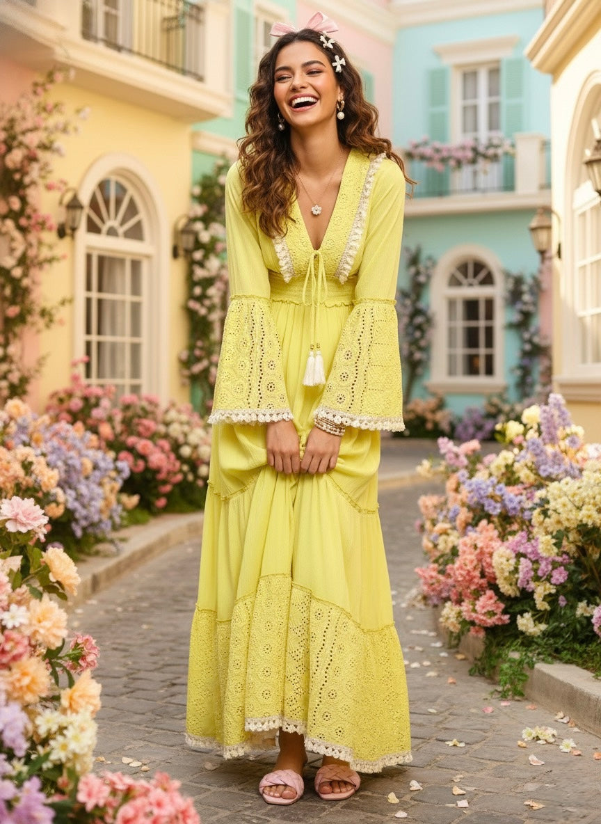 Schiffli Work Bell Sleeves Maxi Dress - Marigold Flare