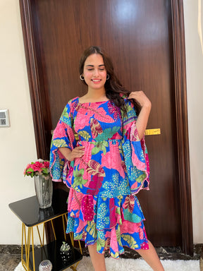 Elasticated Bust Bell Sleeves Boho Printed Short Dress - Blue