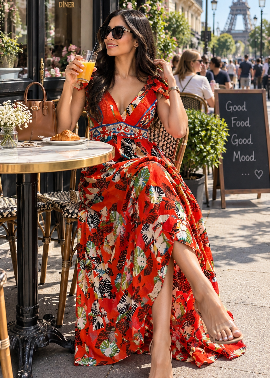 🧡Multi-Tier Deep V Neck Cap Sleeves Lurex Maxi Dress in     Tangerine Flora