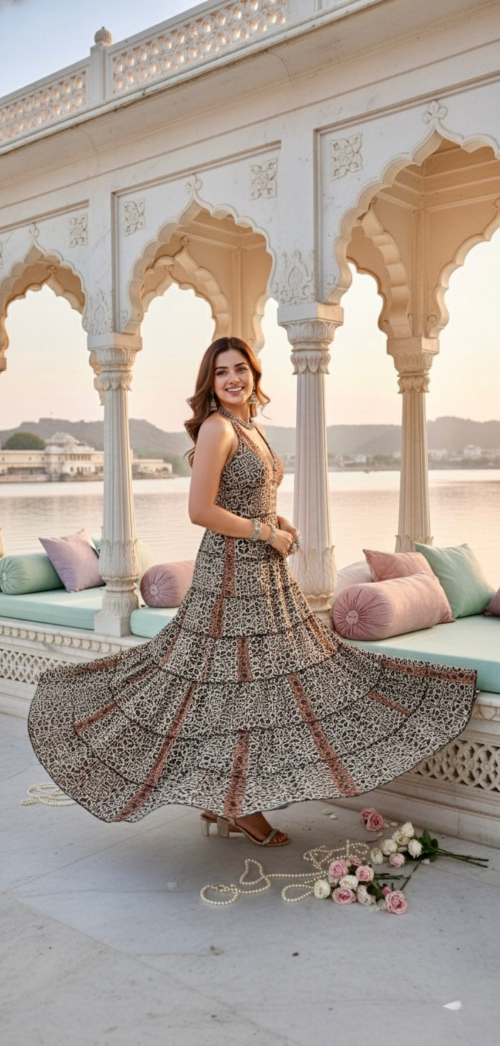 ⭐️Best Seller- Halter Neck Multi Panel Boho printed Maxi Dress In Black and White