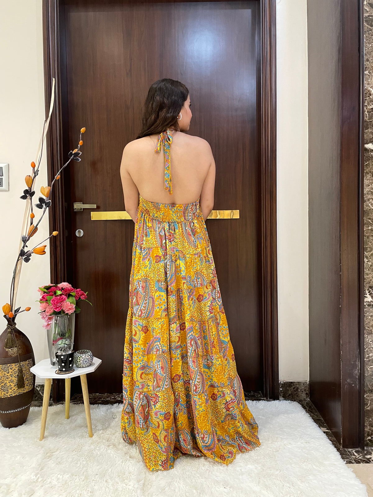 Halter Neck Multi Panel Boho printed Maxi Dress In Yellow
