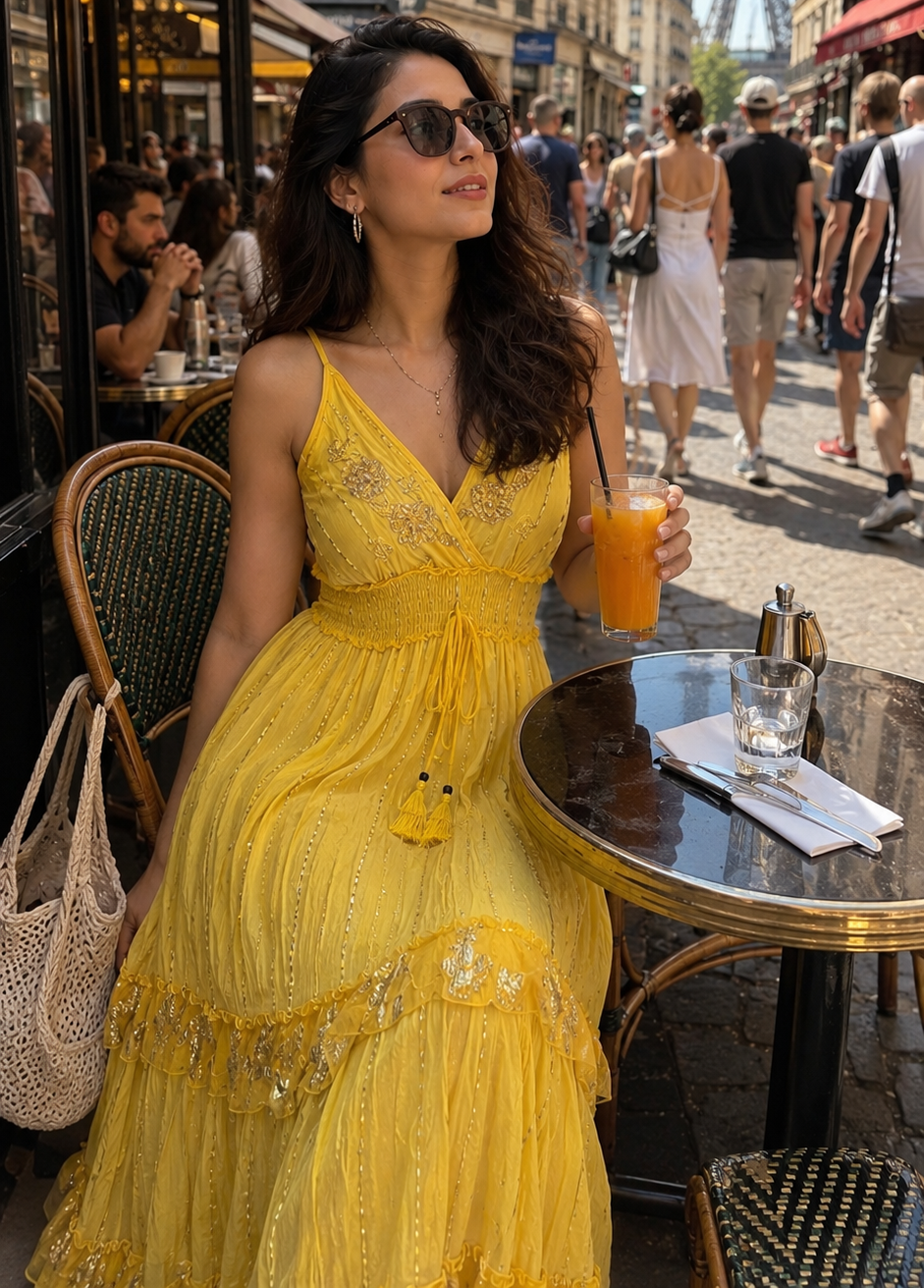 V Neck Embroidery Hand Work Boho Printed Maxi Dress- Wild Sunflower Maxi