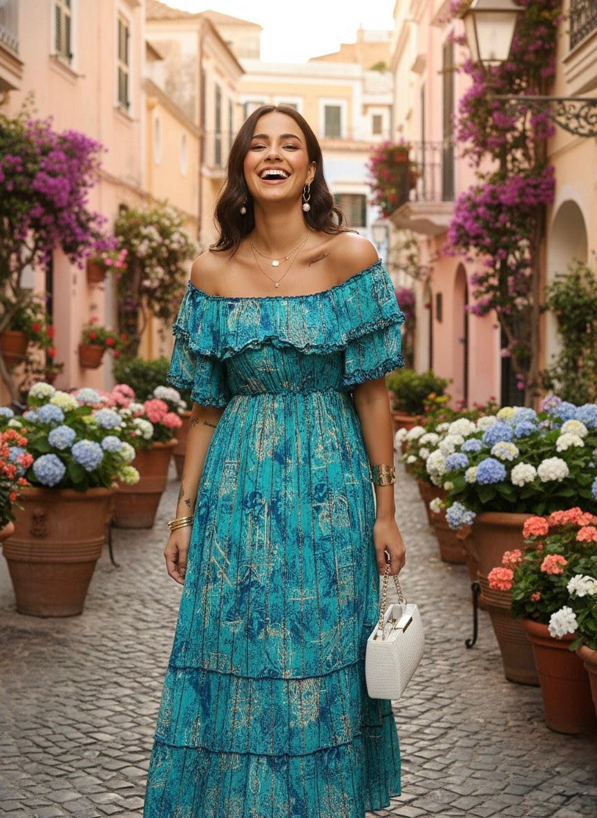 Off- Shoulder Tiered Maxi Dress in Turquoise Radiant