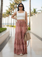 Ruffle Panel Boho Printed Palazzo - Peach