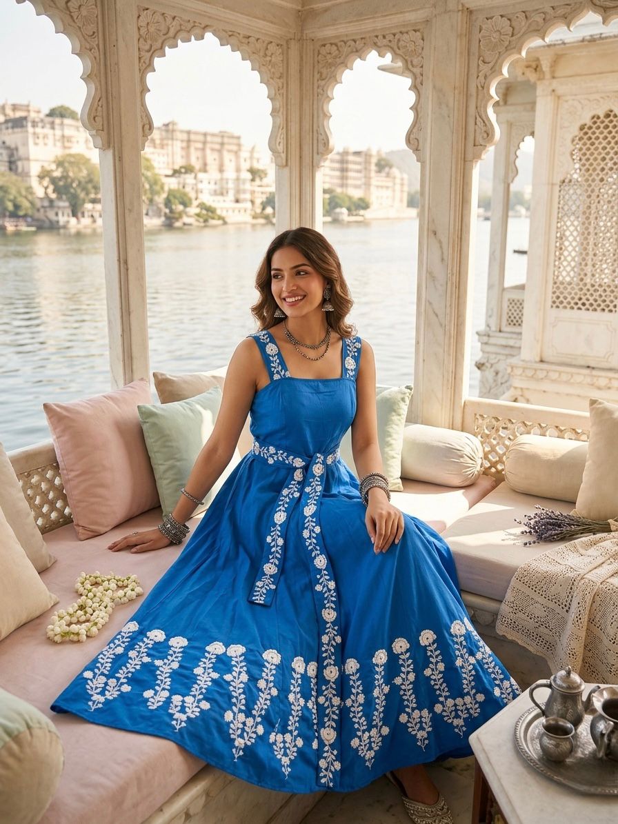 Midnight Rose Embroidered Midi Dress in Blue Aura Flow