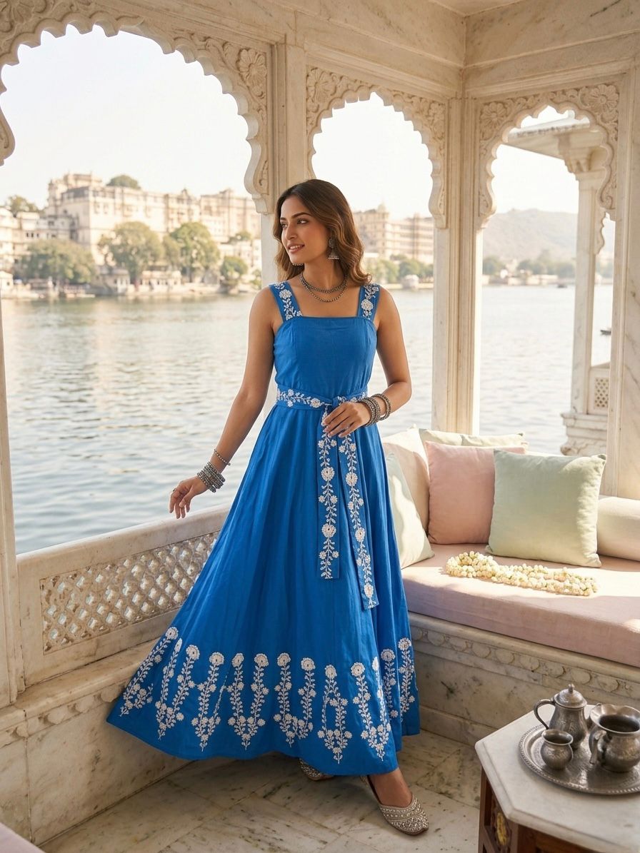 Midnight Rose Embroidered Midi Dress in Blue Aura Flow