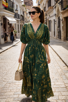 Balloon Pattern Boho Printed Maxi Dress - Royal Forest Glow