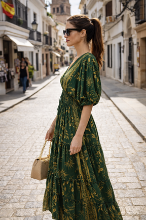 Balloon Pattern Boho Printed Maxi Dress - Royal Forest Glow