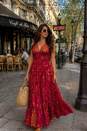 ⏳Low Stock- Halter Neck Multi Panel Boho printed Maxi Dress In Desert Rose Flow