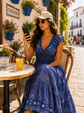 🔥Selling Fast- Classic Charm Boho Printed Maxi Dress - Blue Mirage