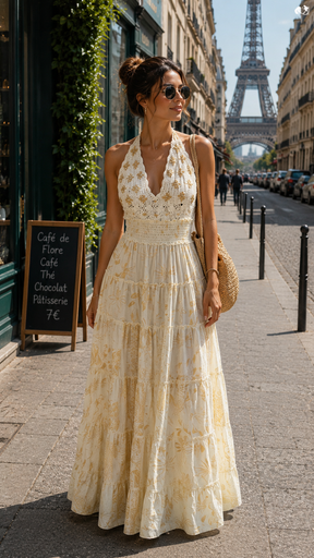 Halter Neck Hand Work Multi Panel Boho printed Maxi Dress In Pearl Reverie Maxi