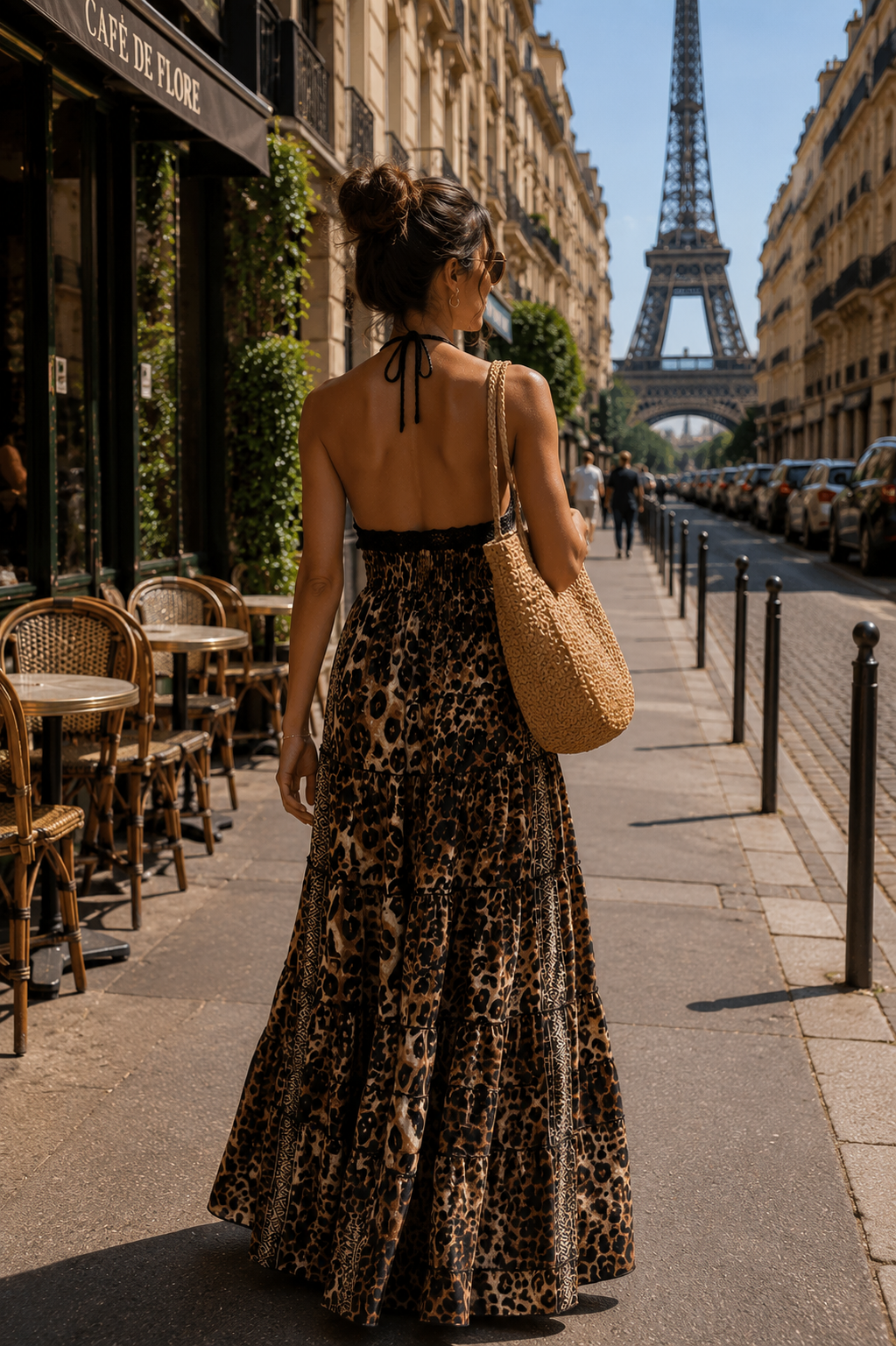 Halter Neck Hand Work Multi Panel Boho printed Maxi Dress In Noir Leopard Reverie