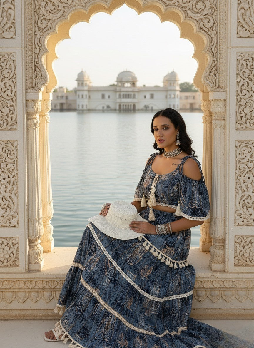 Printed Boho Two Peice Co-ord Set in Teal Blue