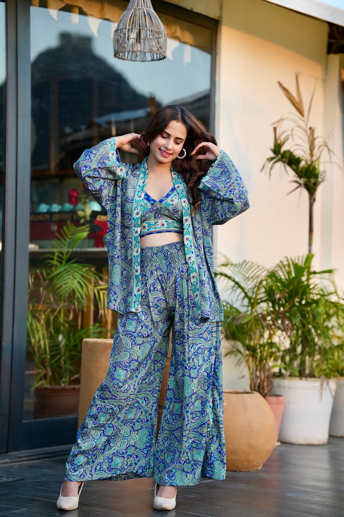 Boho Printed  Kimono Three Piece Set - Minty Fresh