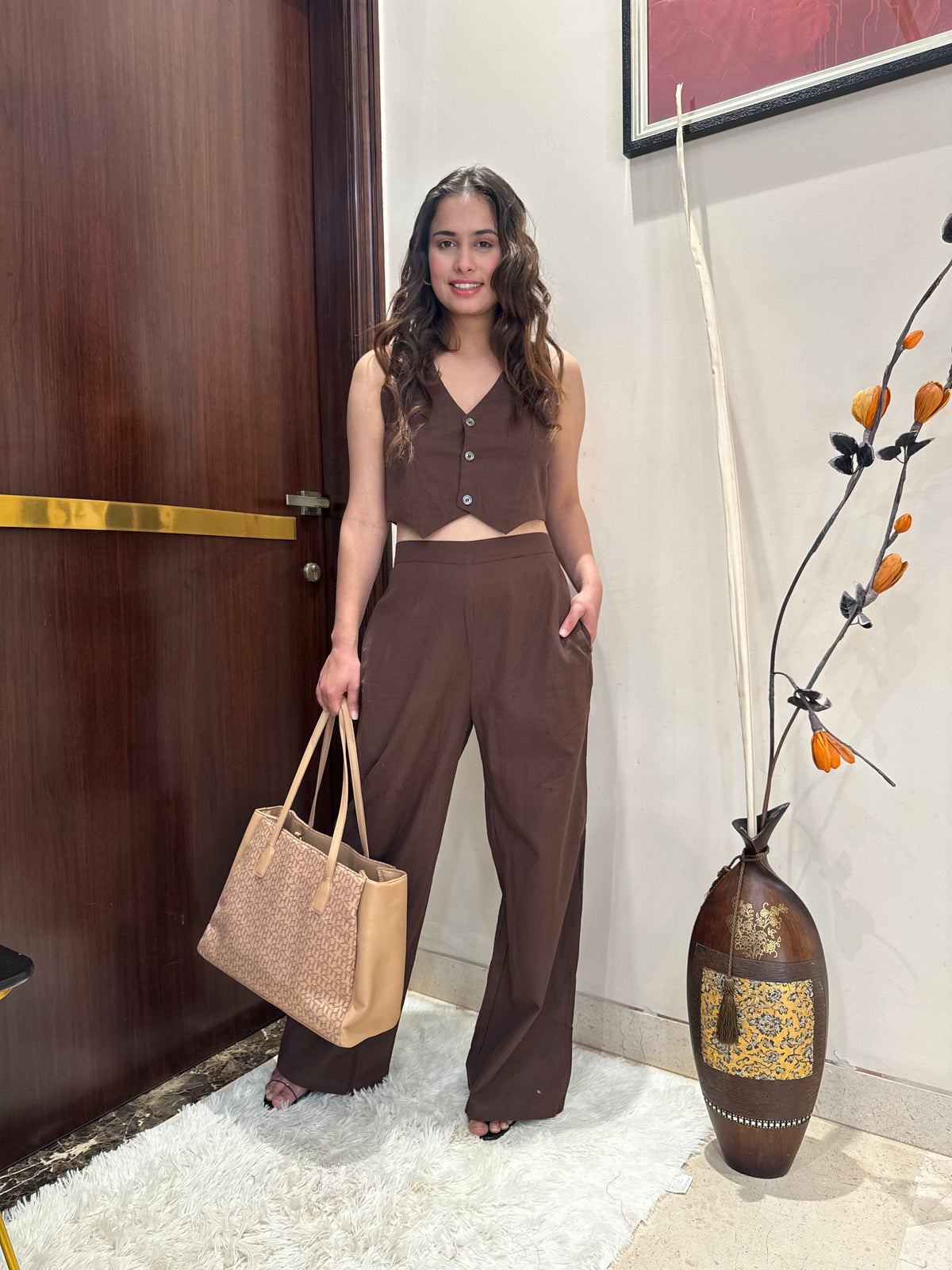 Button Front Crop Top and Wide Leg Pant Set in Brown