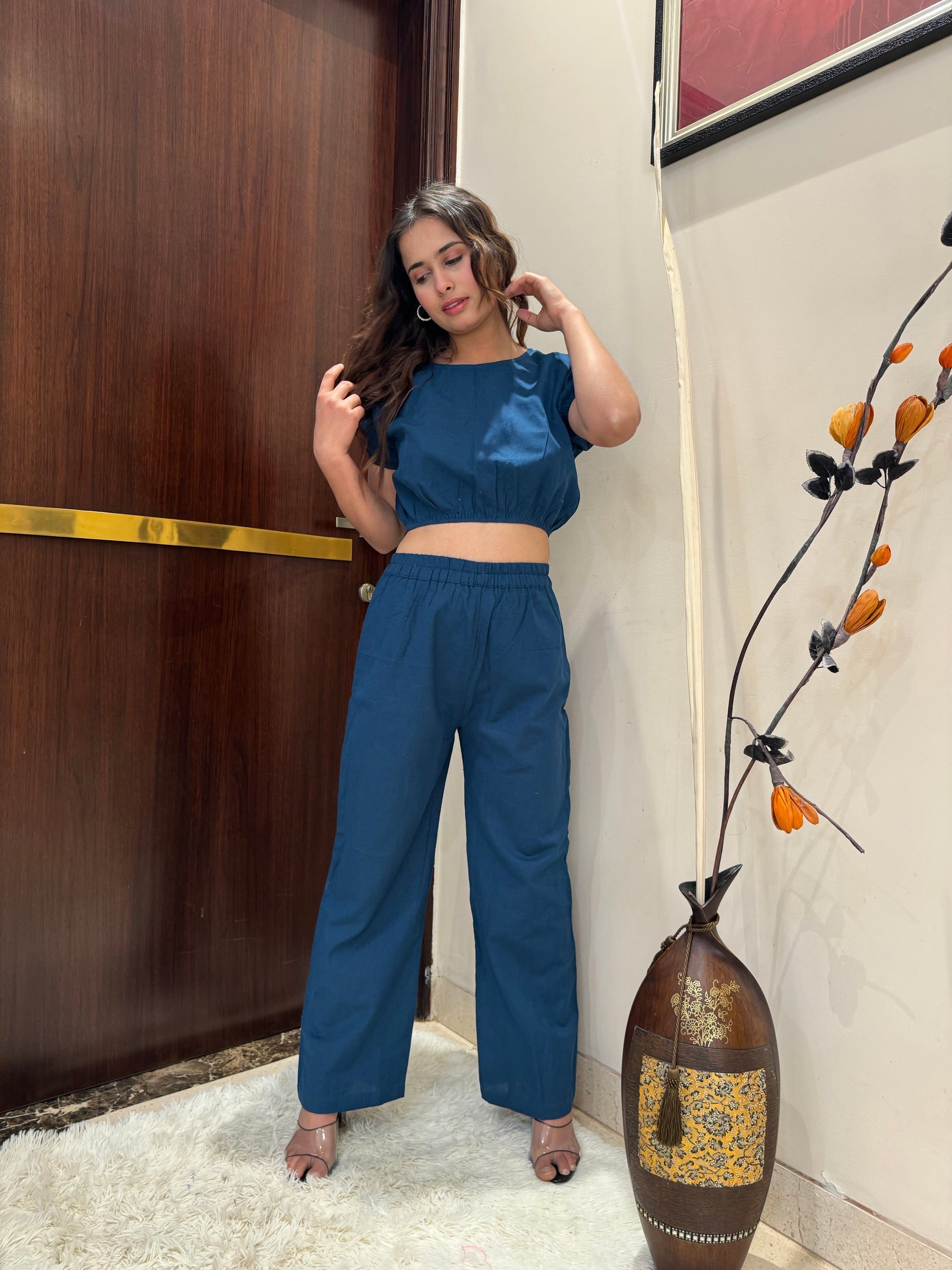 Keyhole Back Crop Top and  Pant Set in Teal