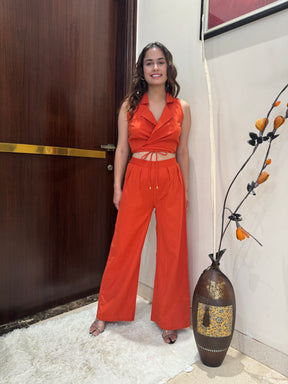 Solid Wrap Top and Pant Set in Orange