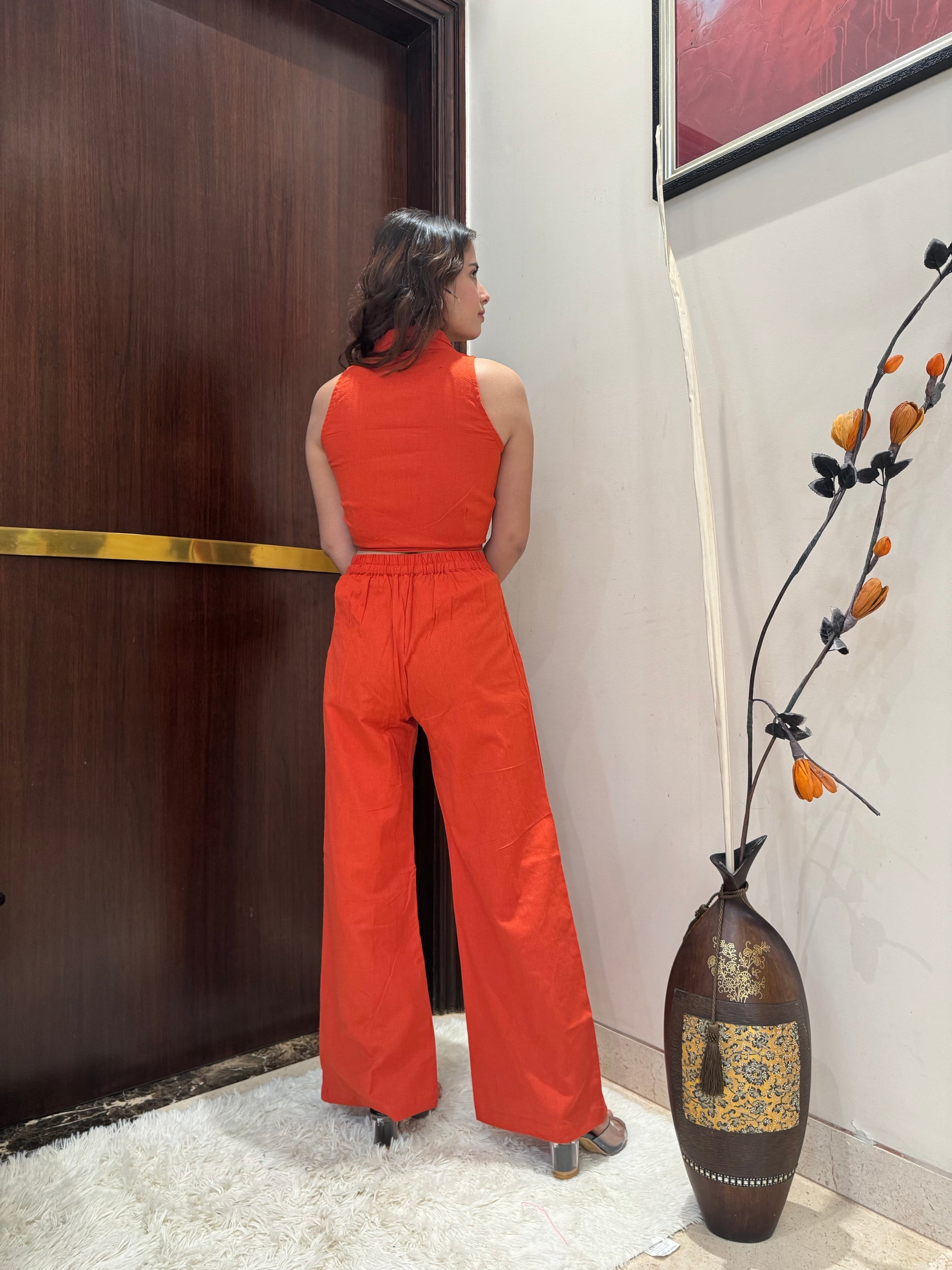 Solid Wrap Top and Pant Set in Orange