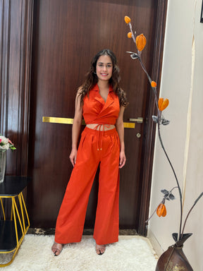 Solid Wrap Top and Pant Set in Orange