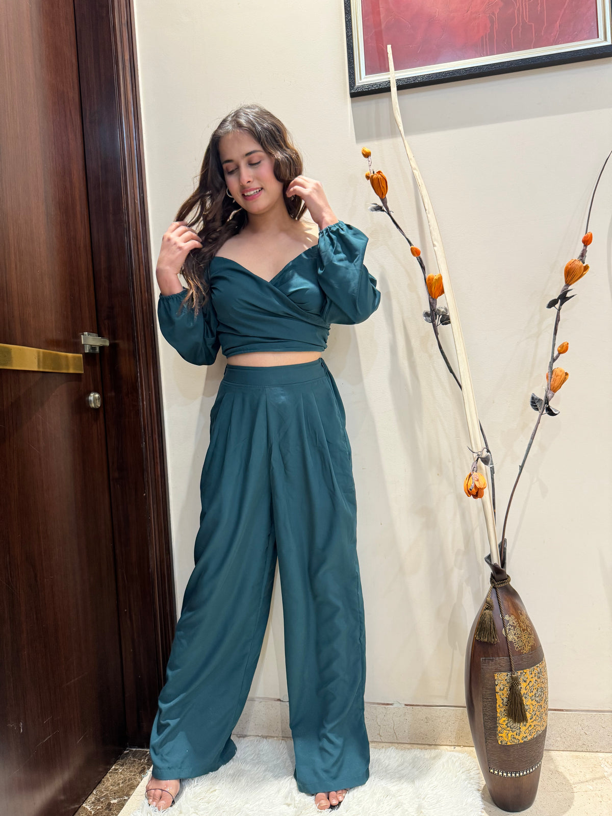 Puff Sleeves Top and Pant Set in Teal
