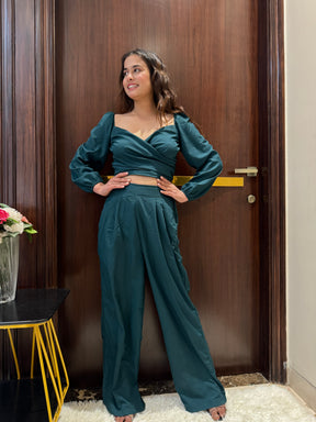 Puff Sleeves Top and Pant Set in Teal